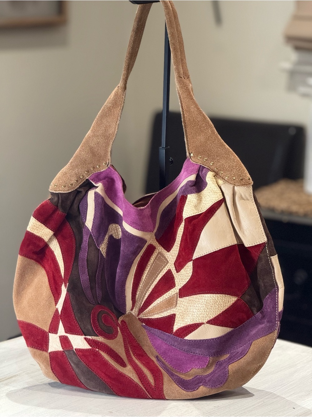 Y2K Vintage Lucky Brand Suede Patchwork Hobo in Red, Purple, Tan, Cream, Brown